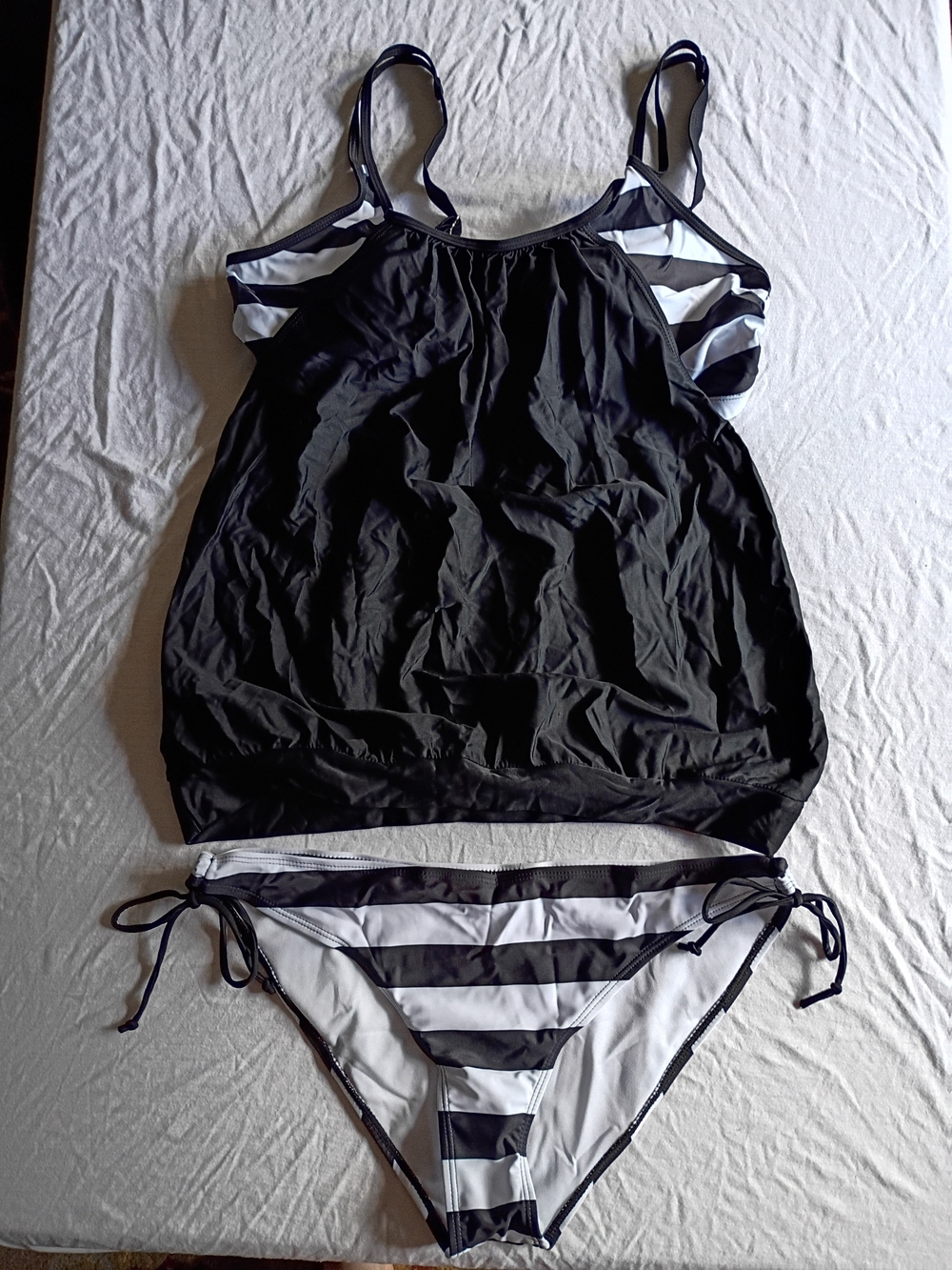 3X Black Tankini Top with Black & White Striped Bikini Bottom
